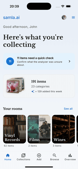 samla.ai home screen showing collection gallery and categories