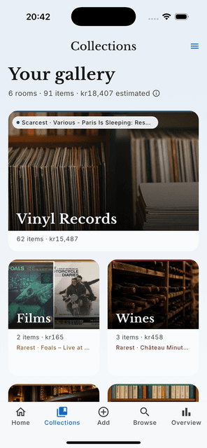 samla.ai collections hub showing collection rooms with covers